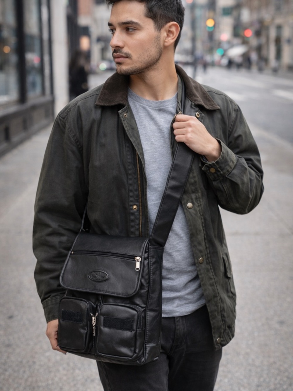 Vintage Leather Ranch Crossbody Bag Black Multi Pocket Genuine Leather